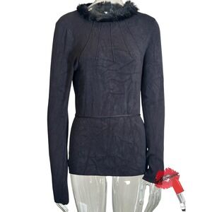 Vintage BCBG Maxazria Sweater Women‎ Large Black Long Sleeve Faux Fur Trim Y2K